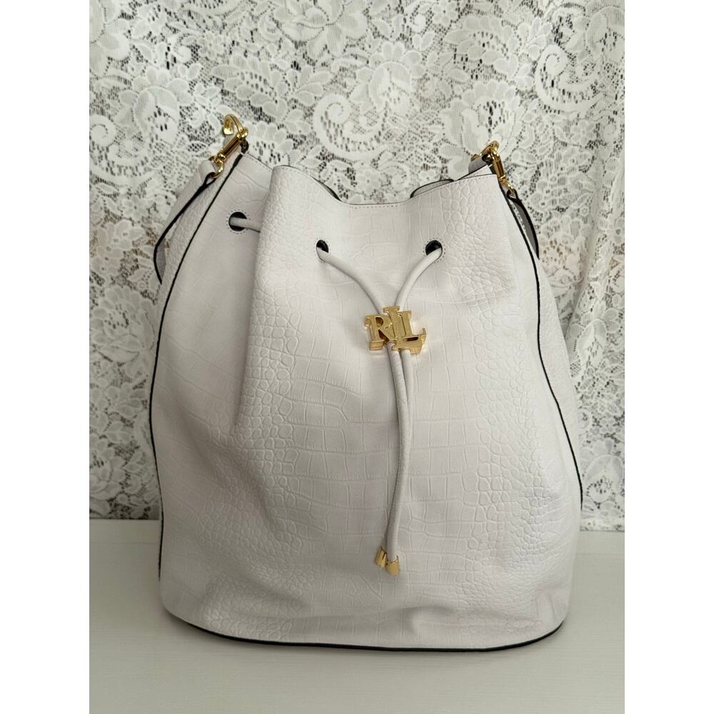 Lauren Ralph Lauren Andie Croc Embossed Drawstring Bucket Bag White Gray - Picture 10 of 12